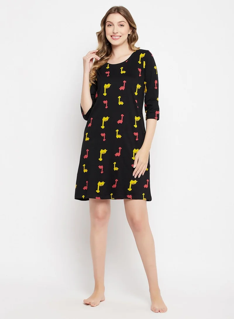 كلوفيا Clovia Dinosaur Print Short Night Dress In Black - 100% Cotton
