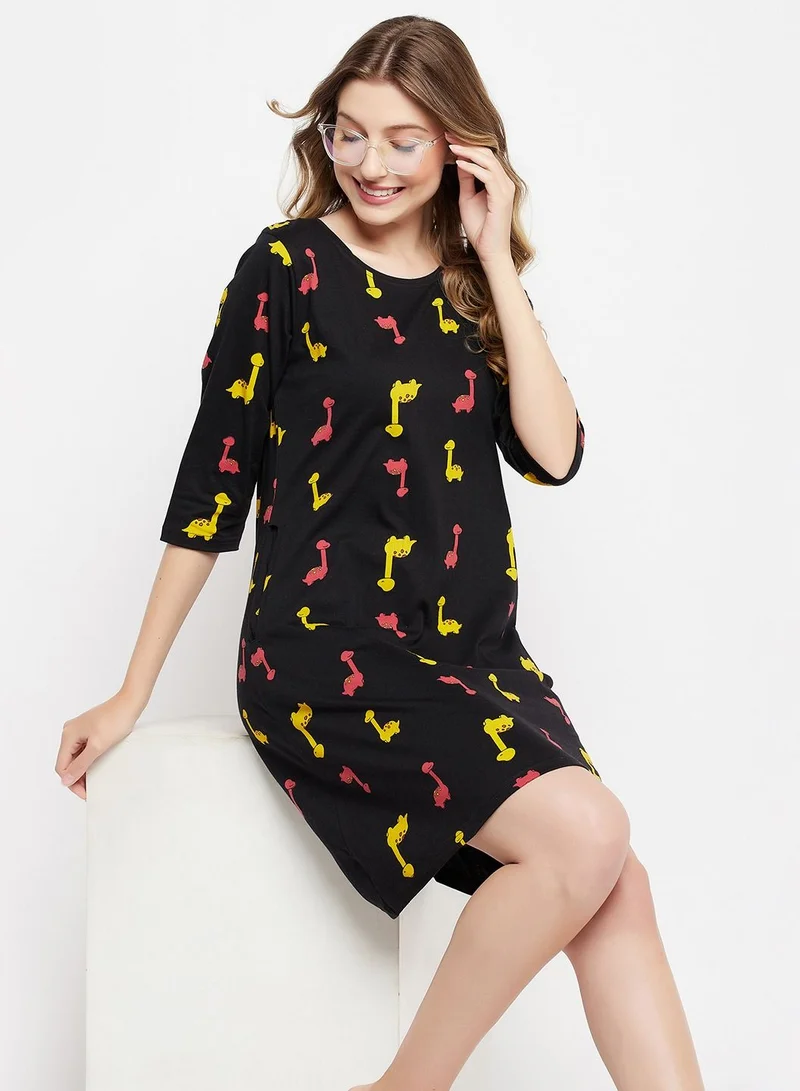 كلوفيا Clovia Dinosaur Print Short Night Dress In Black - 100% Cotton