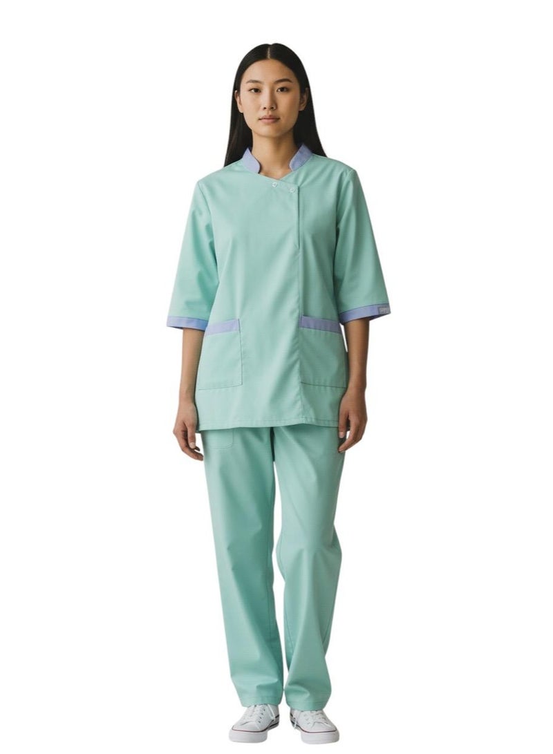 أزياء دي طقم زيّ تنظيف احترافي، بلوزة بأكمام 3/4 وبنطال، ياقة ماندرين. فستان زيّ خادمة منزلية. - Image 1