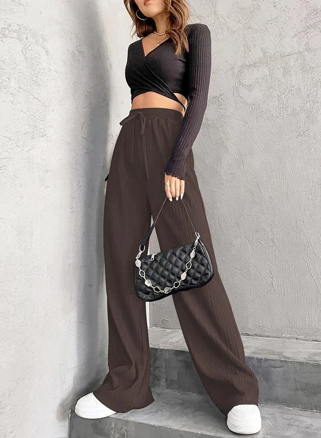 Take Two Take Two Women Brown Textured Drawstring Waist Wide Leg Pants