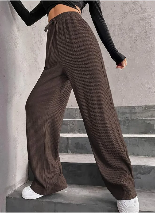 Take Two Take Two Women Brown Textured Drawstring Waist Wide Leg Pants