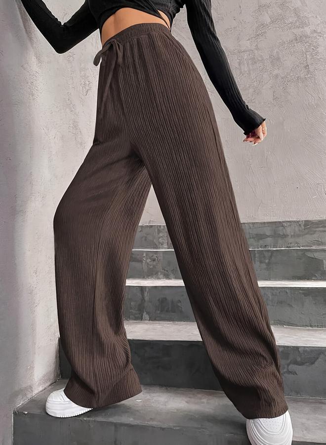 Take Two Women Brown Textured Drawstring Waist Wide Leg Pants - Image 2