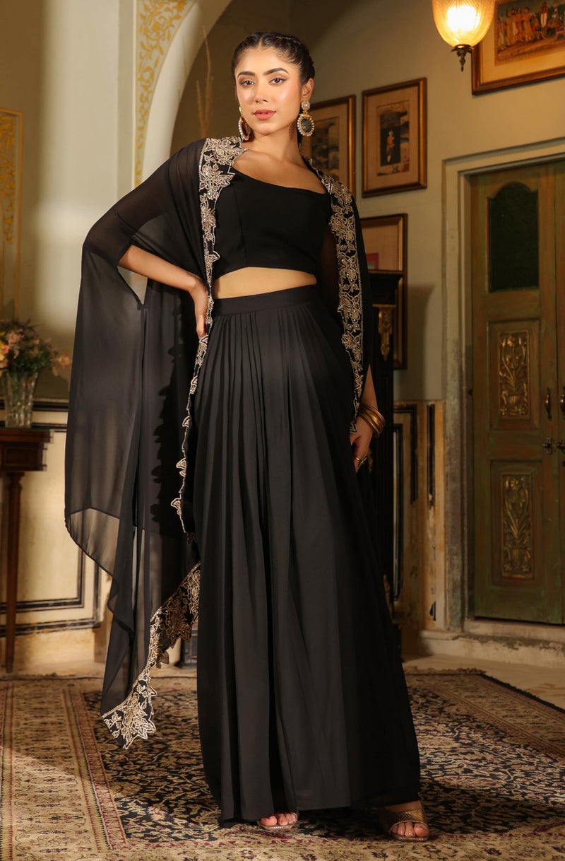 Janasya Women's Black Georgette Zari Embroidered Crop Top with Skirt & Cape Set (JAB24ST00738-XS) - Image 4