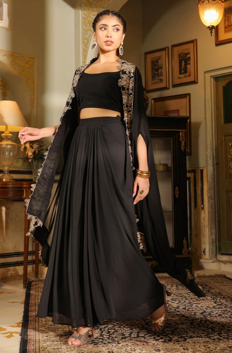 Janasya Women's Black Georgette Zari Embroidered Crop Top with Skirt & Cape Set (JAB24ST00738-XS) - Image 3