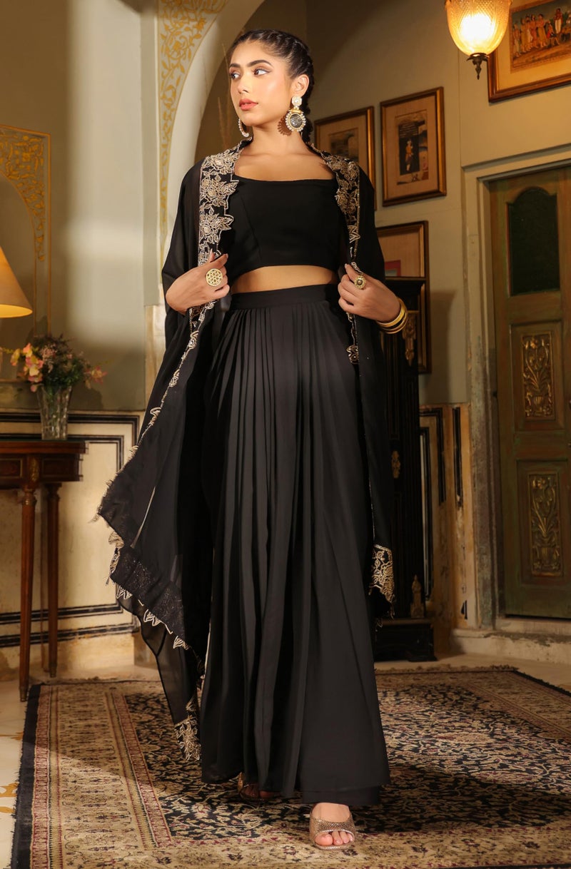Janasya Women's Black Georgette Zari Embroidered Crop Top with Skirt & Cape Set (JAB24ST00738-XS) - Image 5