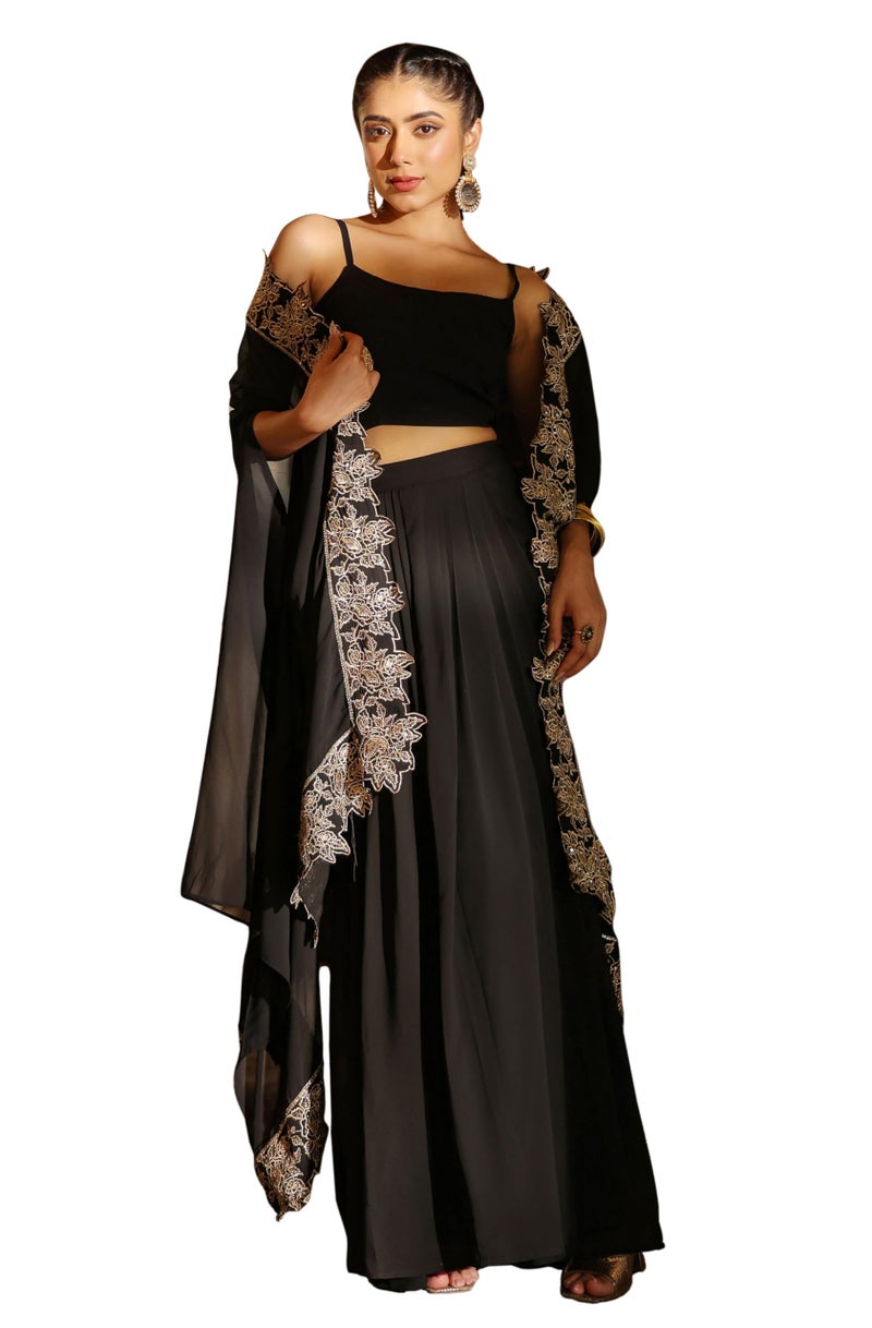 Janasya Women's Black Georgette Zari Embroidered Crop Top with Skirt & Cape Set (JAB24ST00738-XS) - Image 1