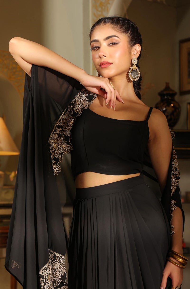 Janasya Women's Black Georgette Zari Embroidered Crop Top with Skirt & Cape Set (JAB24ST00738-XS) - Image 2