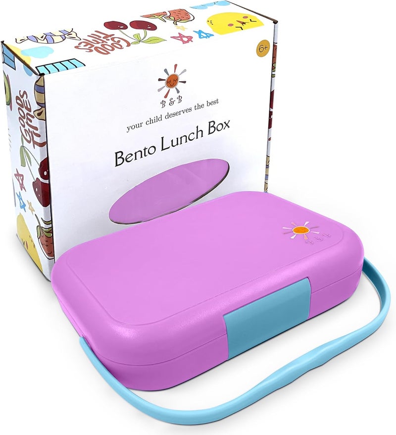 بي.بي صندوق بينتو B&B بمقبض، 4 أقسام، أحجام مثالية للحصص، مانع للتسرب، صندوق غداء بينتو للأطفال الصغار، آمن للاستخدام في غسالة الأطباق، خالٍ من BPA، صينية بلاستيكية قابلة للإزالة للأطفال من سن 3 إلى 7 سنوات (خزامي) - Image 1
