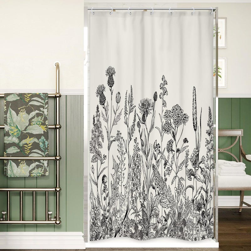 Riyidecor Small Stall Wildflower Farmhouse Half Shower Curtain 36Wx72H Inch Narrow Single Botanical Flower Floral Herbs Bathroom Windows Balconies Fabric Polyester Waterproof 7 Pack Plastic Hooks