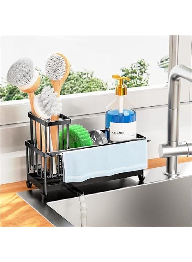 Generic Sponge Holder for Kitchen Sink with Towel Rack, Sink Caddy with Kitchen High Brush Holder, Organzier Rustproof 304 Stainless Steel Dish Organizer Divider, Soap Dispenser Storage - Image 1