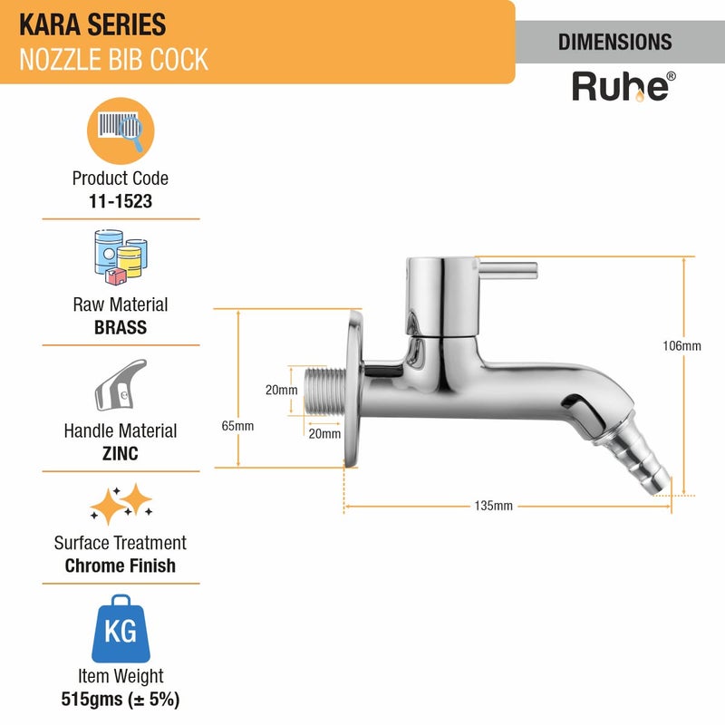 Ruhe® Kara Brass Faucet/Tap | Nozzle Bib Cock Faucet/Tap | Chrome Finish Faucet/Tap | for Washing Machine and Garden Pipes - Image 2