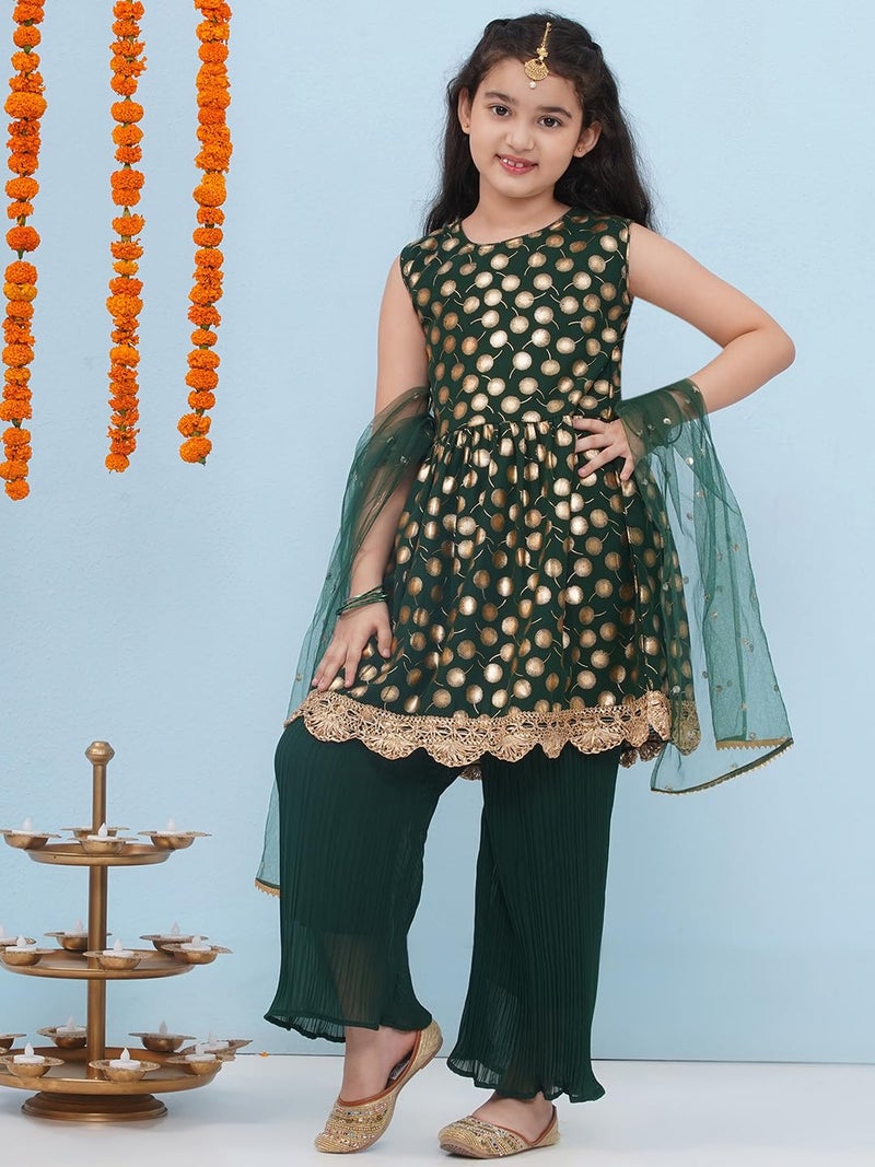 AJ DEZINES Kids Ethnic Wear Motif Foil Printed Frock Style Green Salwar Suit Set For Girls With Dupatta (G-1153-DARK GREEN-24) - Image 4
