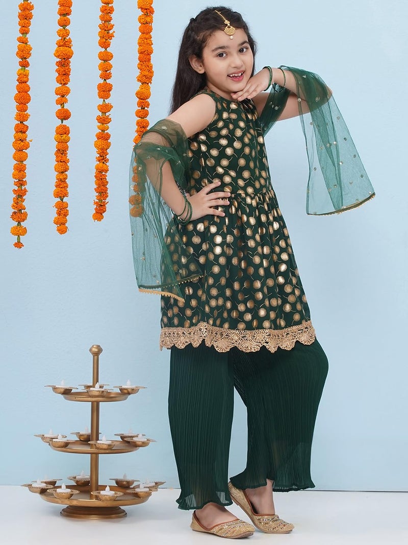 AJ DEZINES Kids Ethnic Wear Motif Foil Printed Frock Style Green Salwar Suit Set For Girls With Dupatta (G-1153-DARK GREEN-24) - Image 5