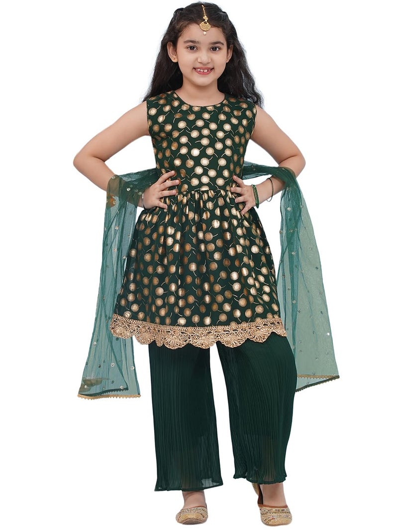 AJ DEZINES Kids Ethnic Wear Motif Foil Printed Frock Style Green Salwar Suit Set For Girls With Dupatta (G-1153-DARK GREEN-24) - Image 1