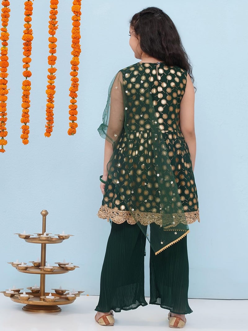 AJ DEZINES Kids Ethnic Wear Motif Foil Printed Frock Style Green Salwar Suit Set For Girls With Dupatta (G-1153-DARK GREEN-24) - Image 2