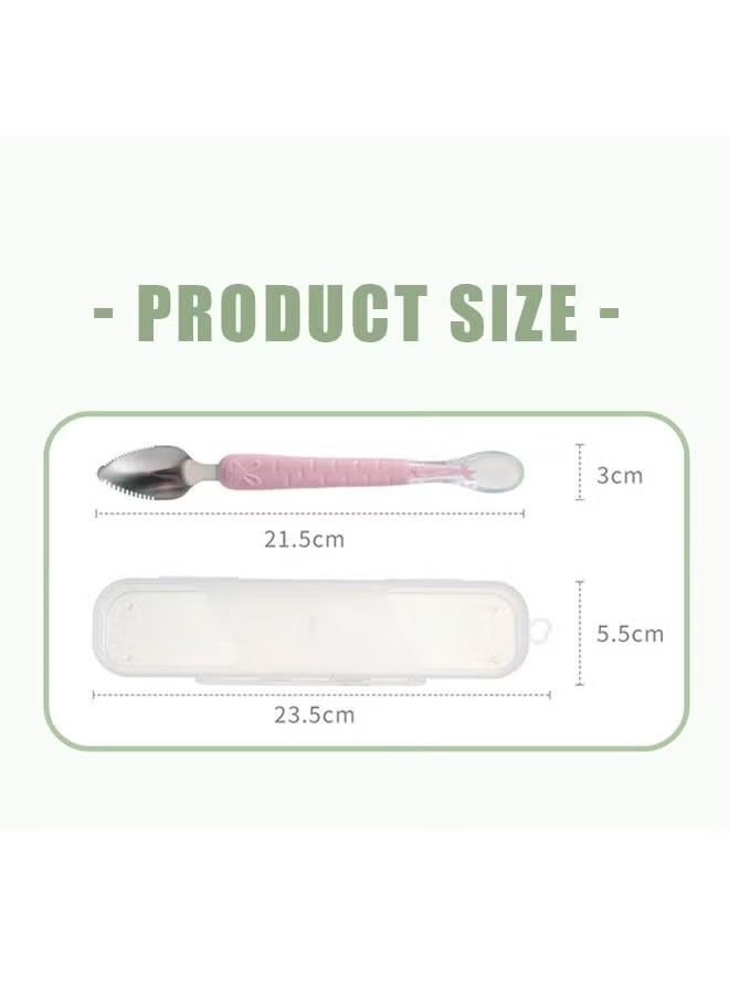 Double Head Baby Silicone Food Spoon Portable Stainless Steel BPA Free Scraping Weaning Tool Pink - Image 2