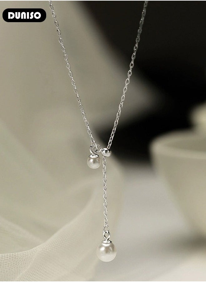 DUNISO - Pearl Necklace 925 Sterling Silver Choker Necklace Silver Choker Chain Pearl Pendant Necklace Simple Necklace Chain Jewelry for Women Teen Girls - Image 1