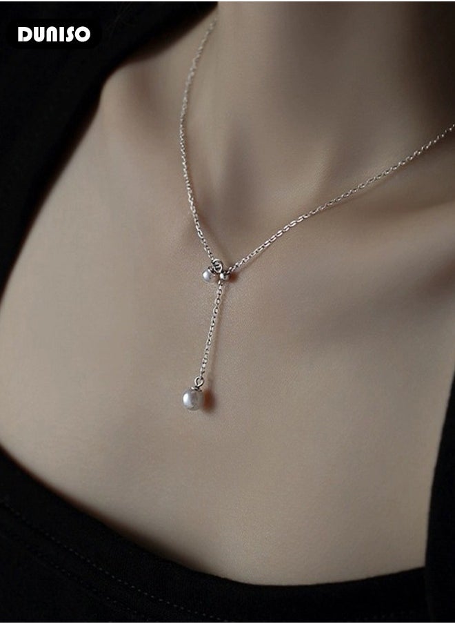 DUNISO - Pearl Necklace 925 Sterling Silver Choker Necklace Silver Choker Chain Pearl Pendant Necklace Simple Necklace Chain Jewelry for Women Teen Girls - Image 1