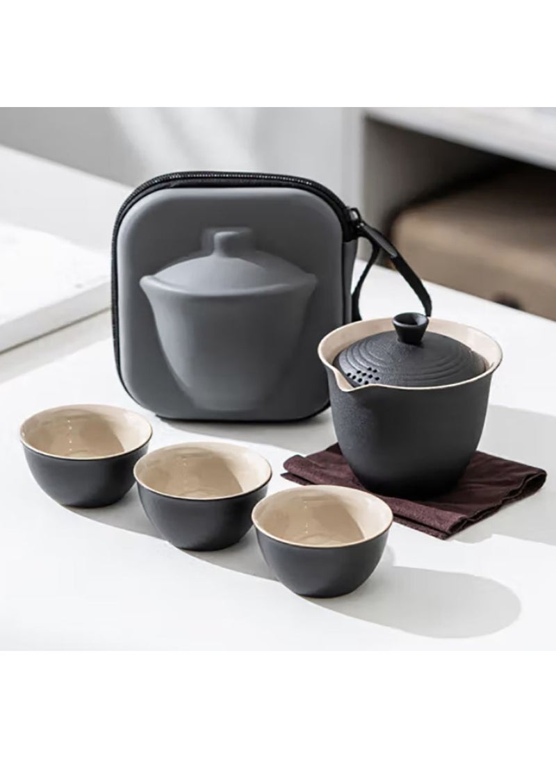 Jingke Travel Kung Fu Tea Set Large Capacity Outdoor Portable Black Pottery Quick Tea Cup 1 Pot 3 Cups Zen Style Black Portable - Image 1