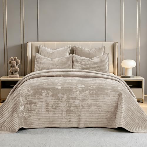 COCOPLOCEUS Quilt Set Oversized King Size 120x120 Luxurious Velvet Bedding Sets with 2 Pillow Shams 20x36 3 Pieces Ultra Soft Quilted Striped Bedspread Coverlet Comforter for All Season,Beige - Image 1