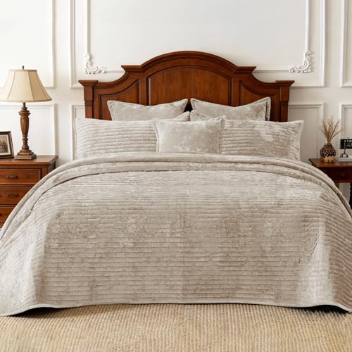 COCOPLOCEUS Quilt Set Oversized King Size 120x120 Luxurious Velvet Bedding Sets with 2 Pillow Shams 20x36 3 Pieces Ultra Soft Quilted Striped Bedspread Coverlet Comforter for All Season,Beige - Image 4