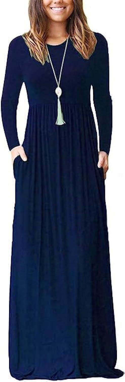 MISFAY Women's Long Sleeve Loose Plain Maxi Dresses Casual Long Dresses Pocket(Navy Blue,M) - Image 5