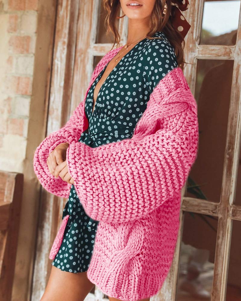 Cicy Bell Women's Open Front Chunky Knit Cardigan Loose Lantern Sleeve Oversized Sweater Coats (Pink, Large) - Image 3