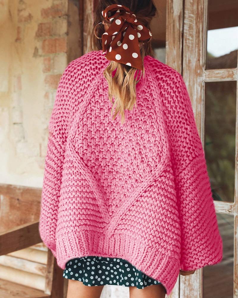 Cicy Bell Women's Open Front Chunky Knit Cardigan Loose Lantern Sleeve Oversized Sweater Coats (Pink, Large) - Image 4