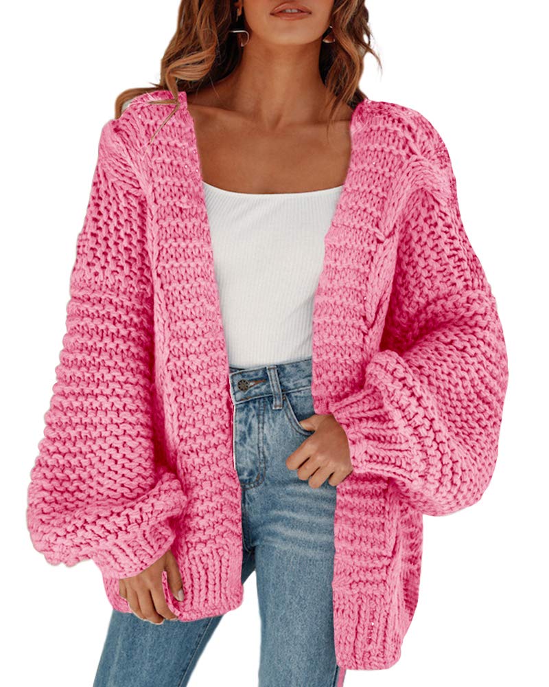Cicy Bell Women's Open Front Chunky Knit Cardigan Loose Lantern Sleeve Oversized Sweater Coats (Pink, Large) - Image 1