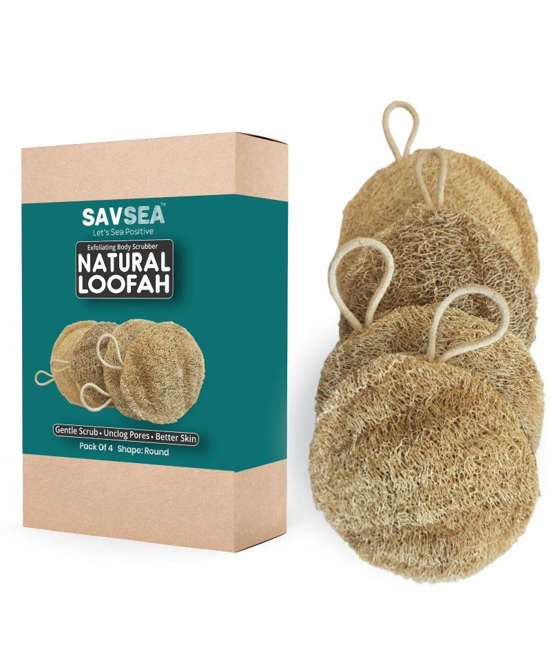 SAVSEA Natural Loofah for Bathing: Unisex Loofah for Women and Men, Also Perfect for Kids | Round Shaped Natural Loofah | Pack of 4 - Image 1
