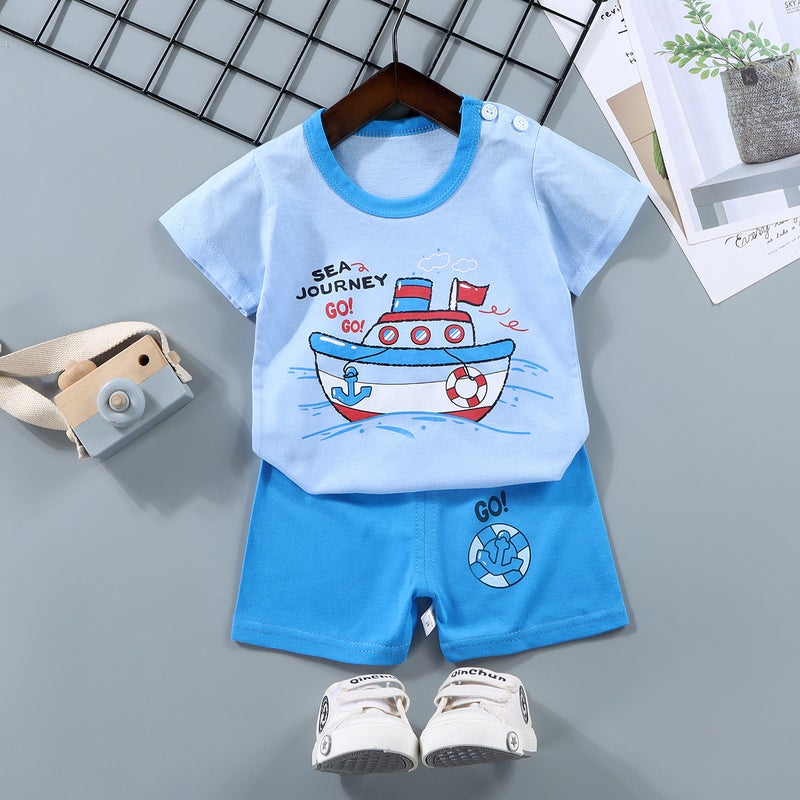 Kids Cotton T-Shirt  Shorts Set Summer Outfit F28-Alphabet Boat - Image 1