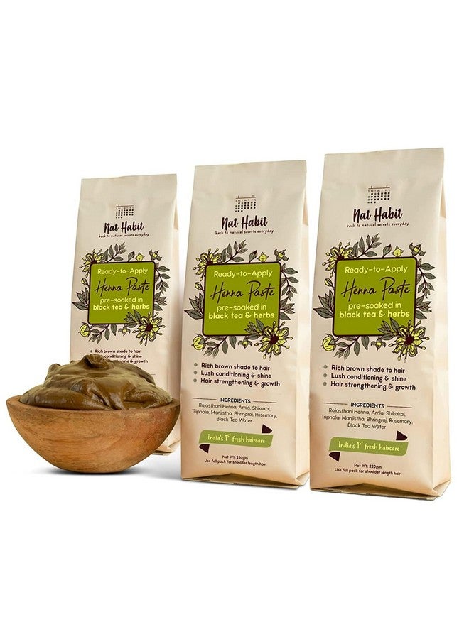 Nat Habit - Fresh Ready To Apply Henna Paste, Pre-Soaked In Black Tea And Herbs,100% Natural Rajasthani Henna, Imparts Rich Brown Shade (Pack Of 3 X 220G) - Image 1
