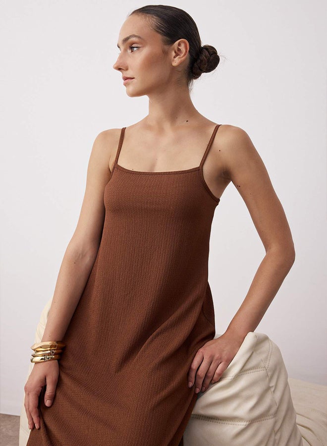 trendyol Brown Straight Adjustable Strap A-Line Wrap/Textured Knitted Maxi Dress - Image 2