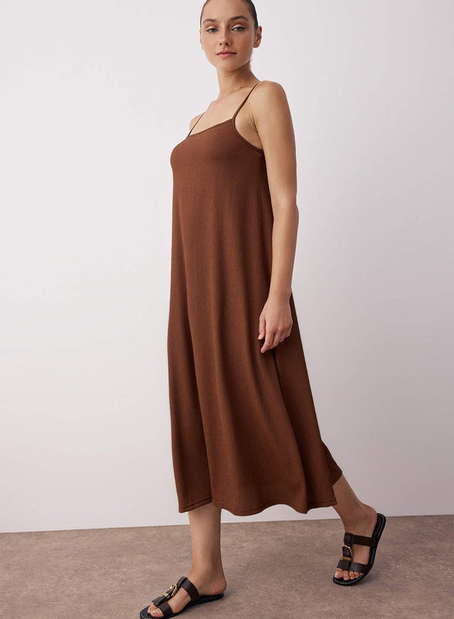 trendyol Brown Straight Adjustable Strap A-Line Wrap/Textured Knitted Maxi Dress - Image 1