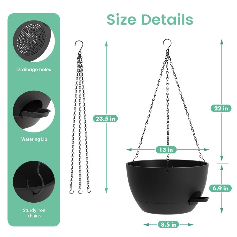 UOUZ 13 Inch 2 Pack Large Self Watering Hanging Planters for Indoor Outdoor Plants, Hanging Plant Pots with Removable 50 Oz Reservoir, Plastic Hanging Basket for Window Porch Garden Balcony, Black - Image 5