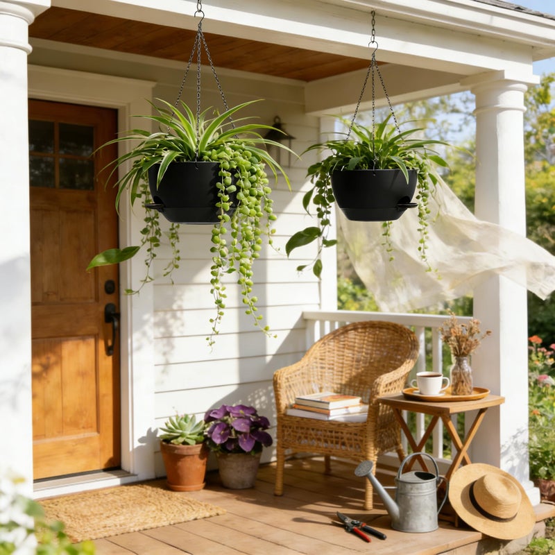 UOUZ 13 Inch 2 Pack Large Self Watering Hanging Planters for Indoor Outdoor Plants, Hanging Plant Pots with Removable 50 Oz Reservoir, Plastic Hanging Basket for Window Porch Garden Balcony, Black - Image 2
