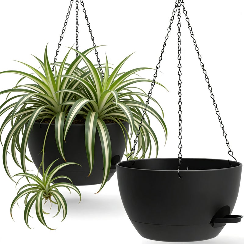 UOUZ 13 Inch 2 Pack Large Self Watering Hanging Planters for Indoor Outdoor Plants, Hanging Plant Pots with Removable 50 Oz Reservoir, Plastic Hanging Basket for Window Porch Garden Balcony, Black - Image 1