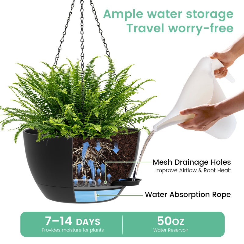 UOUZ 13 Inch 2 Pack Large Self Watering Hanging Planters for Indoor Outdoor Plants, Hanging Plant Pots with Removable 50 Oz Reservoir, Plastic Hanging Basket for Window Porch Garden Balcony, Black - Image 3