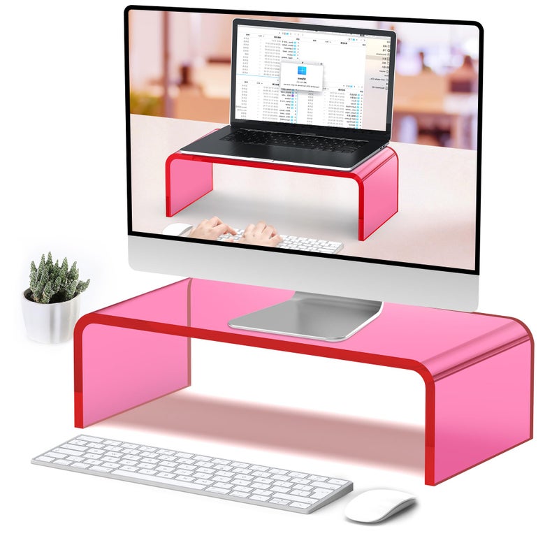 Beimu Acrylic Monitor Stand Riser Acrylic Laptop Stand for Desk Clear Computer Monitor Stand for Desk Accessories iMac Organizer Office Must-Haves Product for Working from Home Bright Pink - Image 1