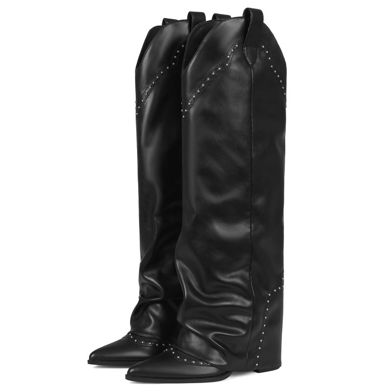 EQAUDES Black Leather Knee High Boots for Women Tall Fold Over Boot - Fall, Snip Toe,Slouchy,Long,Cowboy Cowgirl Boot,Trendy Shark Studded,Pull on,Trendy Dressy - Image 1