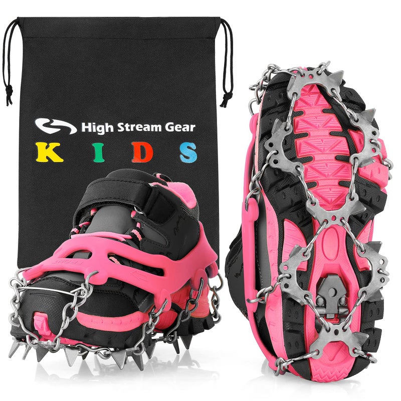 High Stream Gear Kids Ice Cleats - Snow Crampons for Hiking Boots & Shoes with 14 Stainless Steel Spikes (Pink, Medium) - Image 1