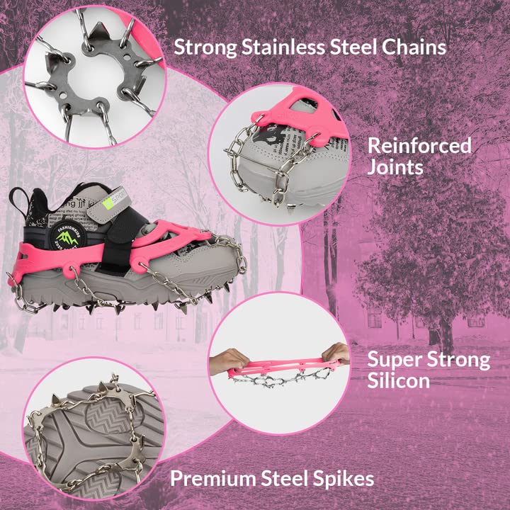High Stream Gear Kids Ice Cleats - Snow Crampons for Hiking Boots & Shoes with 14 Stainless Steel Spikes (Pink, Medium) - Image 3