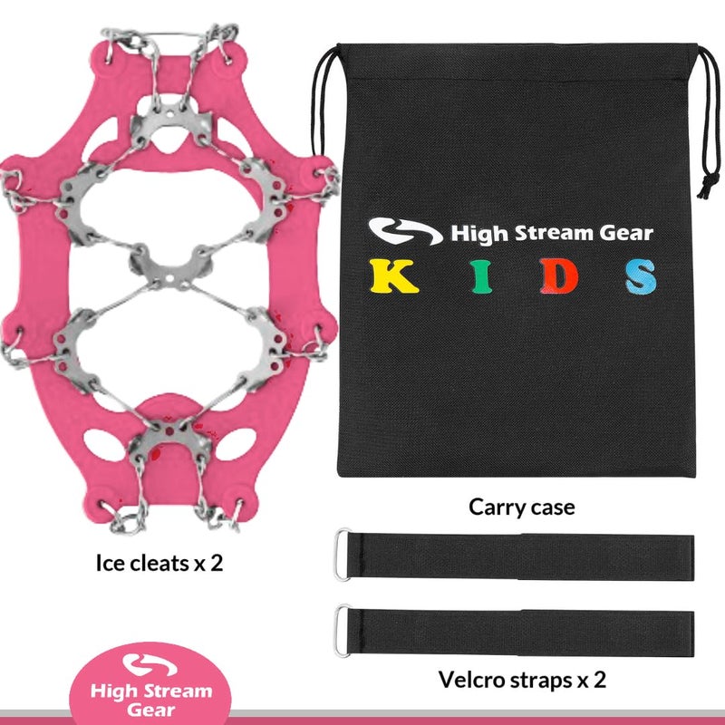 High Stream Gear Kids Ice Cleats - Snow Crampons for Hiking Boots & Shoes with 14 Stainless Steel Spikes (Pink, Medium) - Image 5