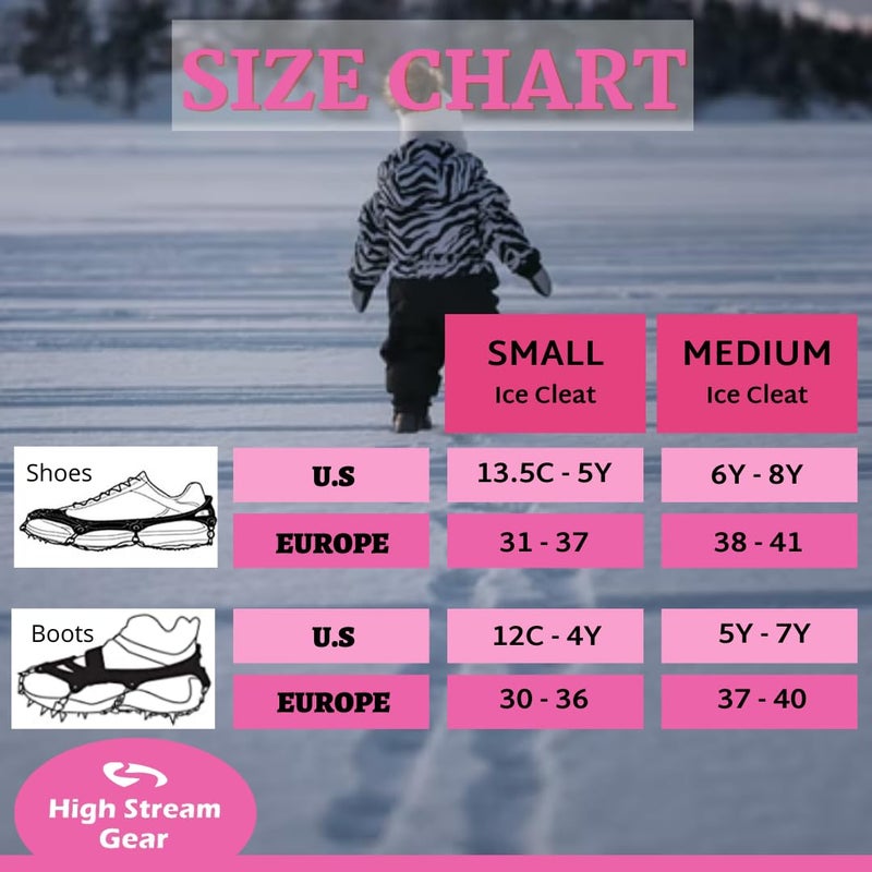 High Stream Gear Kids Ice Cleats - Snow Crampons for Hiking Boots & Shoes with 14 Stainless Steel Spikes (Pink, Medium) - Image 2