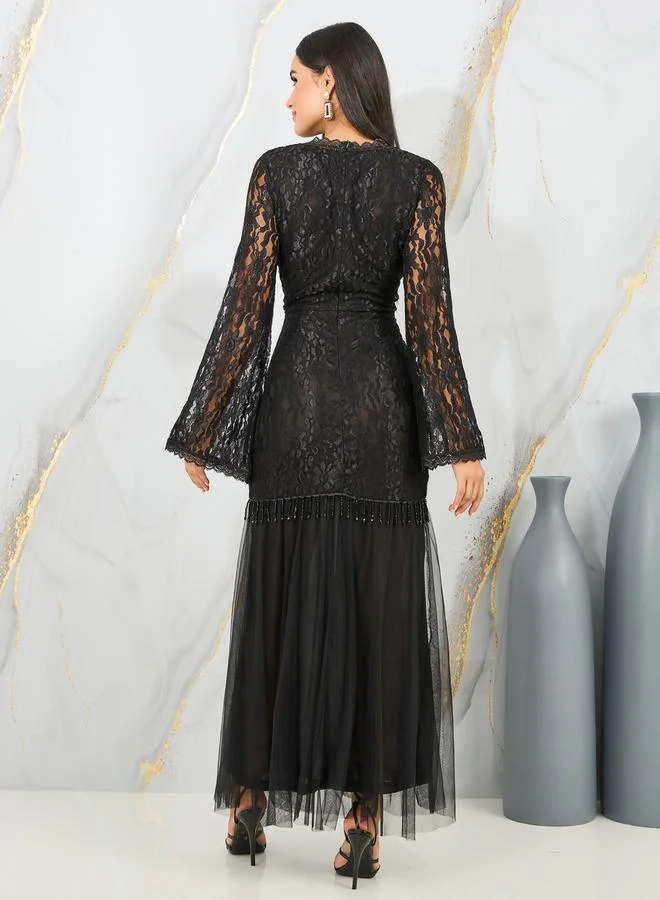 ستايلي Lace Insert Beaded Tassel Detail Mermaid Maxi Dress