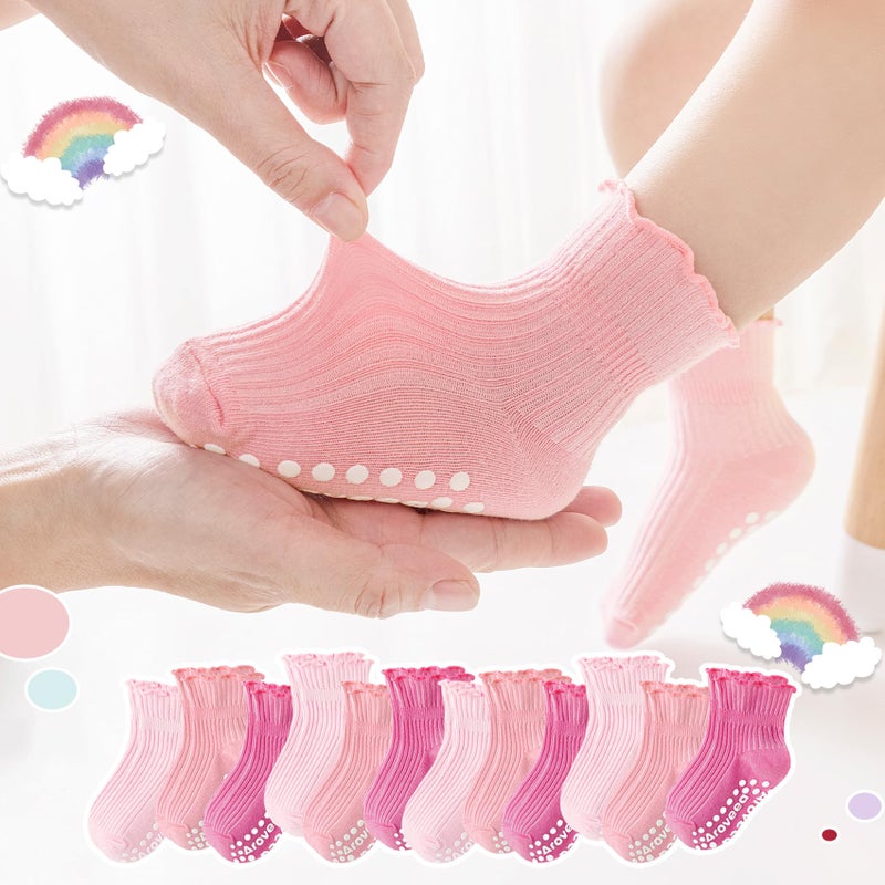 Aroveea Baby Toddler Girls Socks Grip Ruffle Non Slip Girls Cotton 12 Pack Socks for 3-5T Kids Cute Ankle 6M-7Years - Image 2
