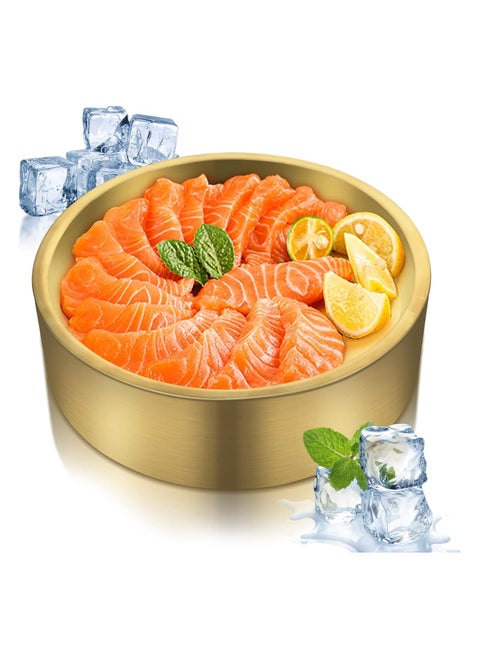 8.5in Gold Stainless Steel Ice Chilled Serving Tray - Elegant and Functional Cold Appetizer Platter with Ice for Parties and Events (Gold)