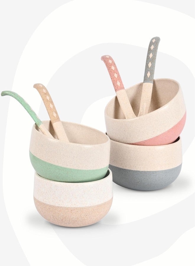Eha Earth-Friendly Soup Bowls with Spoons|250 ml|Made with Rice Husk Biocomposite|Microwave Safe Bowls for Kitchen|Serving Bowl Set of 4|Pastel, Multicolor - Image 1