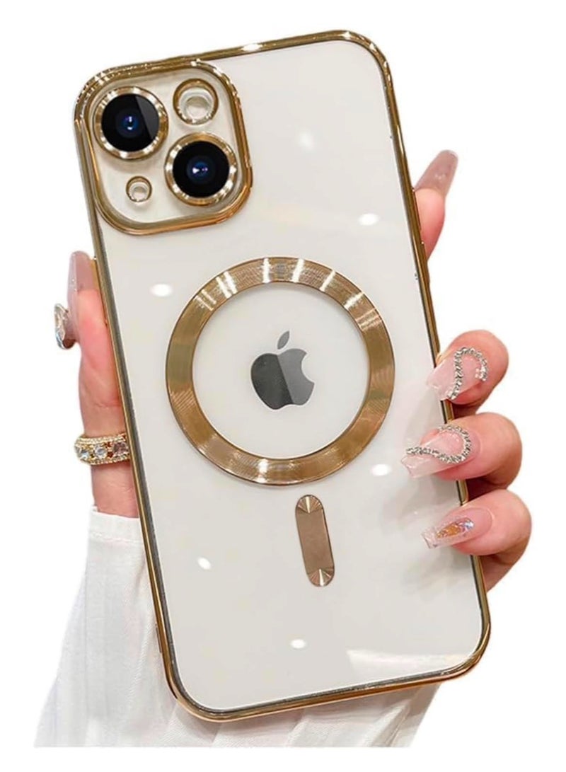 غطاء خلفي شفاف من VONZEE لهاتف iPhone 13، مصنوع من مادة TPU مع تقنية MagSafe، يتميز بحماية شاملة للجهاز وحماية فردية لكل عدسة كاميرا، مناسب للرجال والنساء (لون ذهبي). - Image 1
