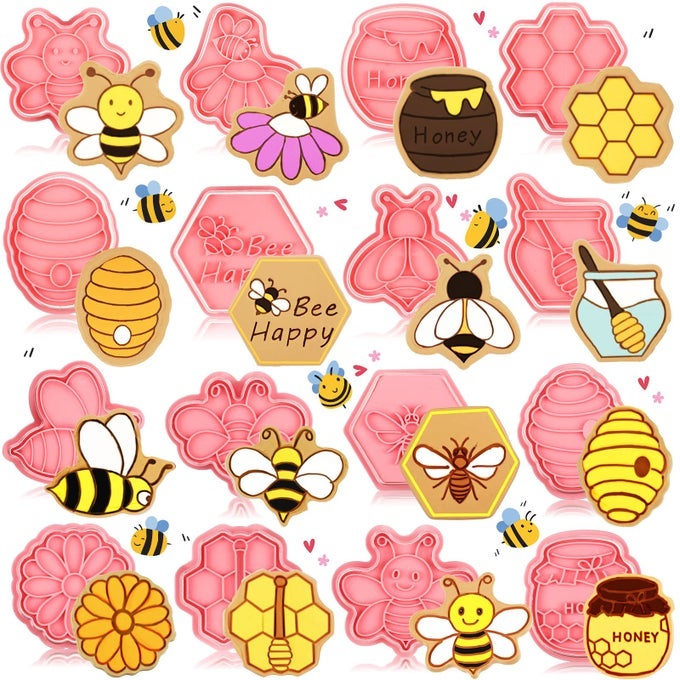 16 PCS BEE COOKIE CUTTERS WITH PLUNGER STAMPS SET MINI BEE HONEYCOMB COOKIE STAMPS 3D PLASTIC BISCUIT MOLD FONDANT COOKIE STAMPER FOR COOKIE BAKING BIRTHDAY PARTY SUPPLIESPLAIN STYLE